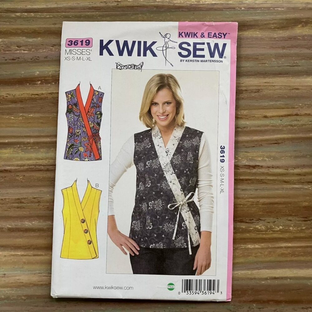 UNCUT Sewing Pattern Kwik Sew 3619 Vest Kimono Wrap Misses XS-XL